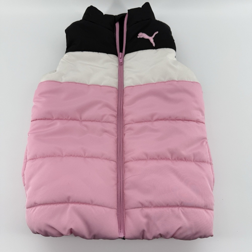 Puma Girls Youth Size 4 Vest Puffer Jacket Black White Pink Logo Full Zip Warm